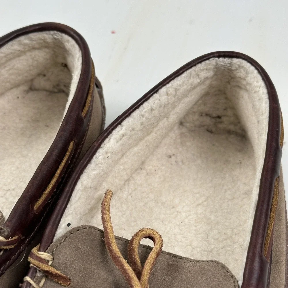 LL‎ Bean  HandSewn Shearling Lined Slippers Mens 8Brown Roughout Suede Moccasins